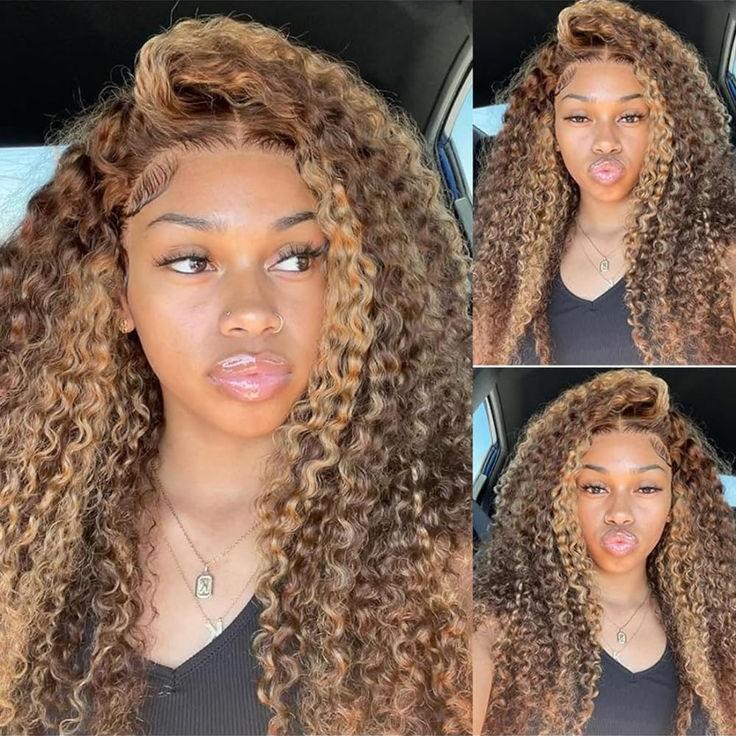 Pre Plucked Honey Blonde Highlights P4/27 Colored Kinky Curly Transparent Lace Human Hair Wigs