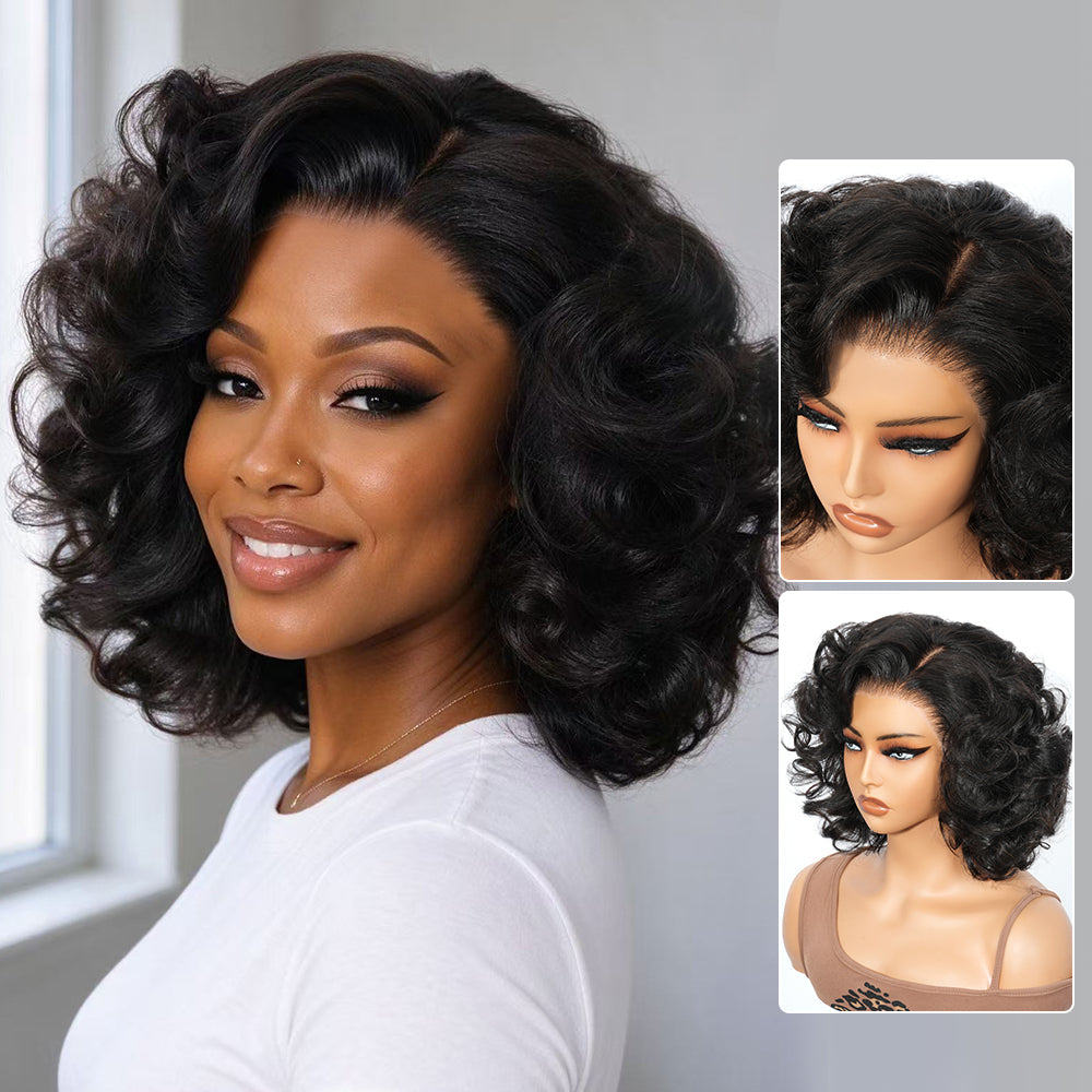 Zlike Bouncy Loose Curl 7x5 Glueless Lace Closure Human Hair Bob Wigs