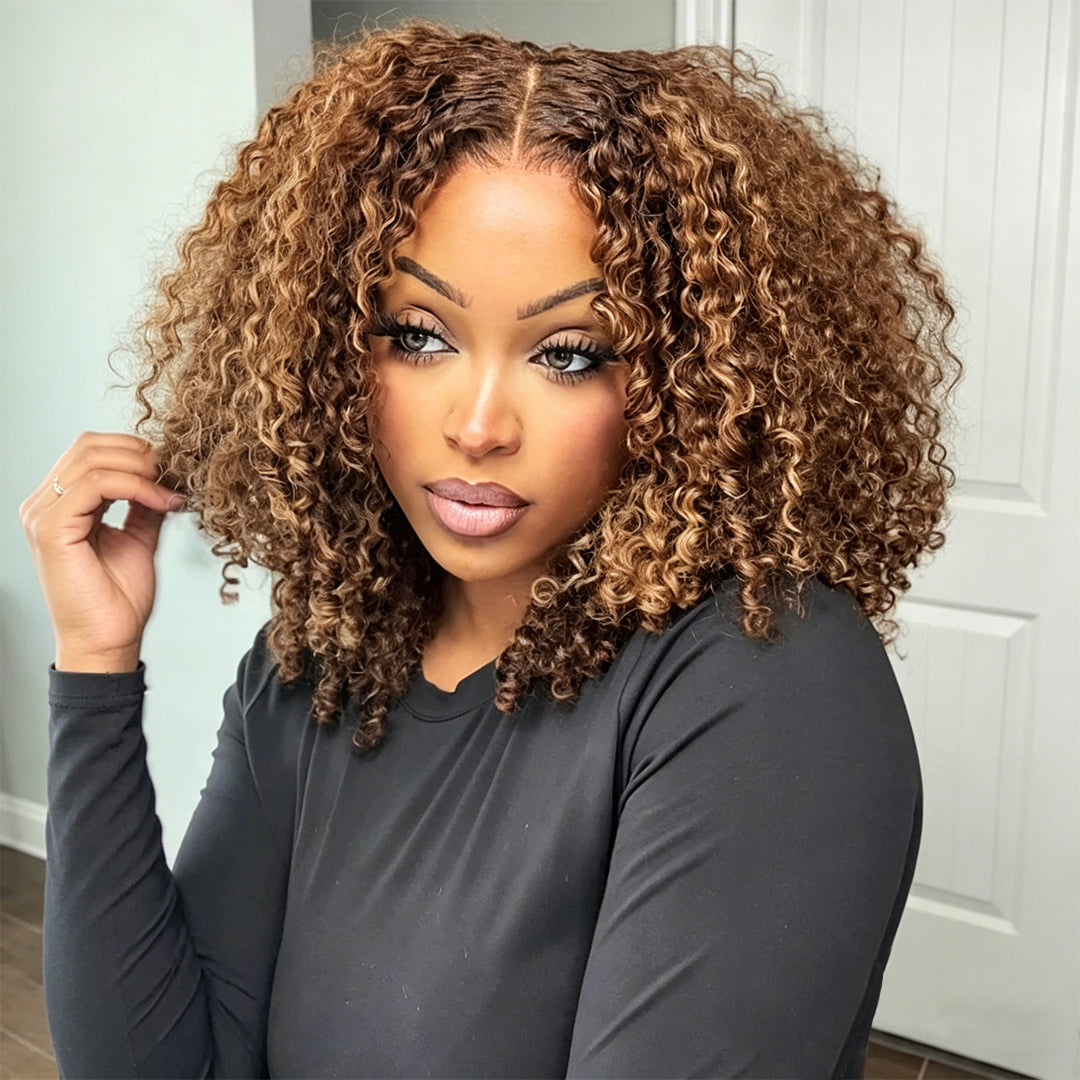 Zlike Honey Blonde Highlights #4/27 Colored Kinky Curly Pre-cut Transparent Lace 100% Virgin Human Hair Wigs