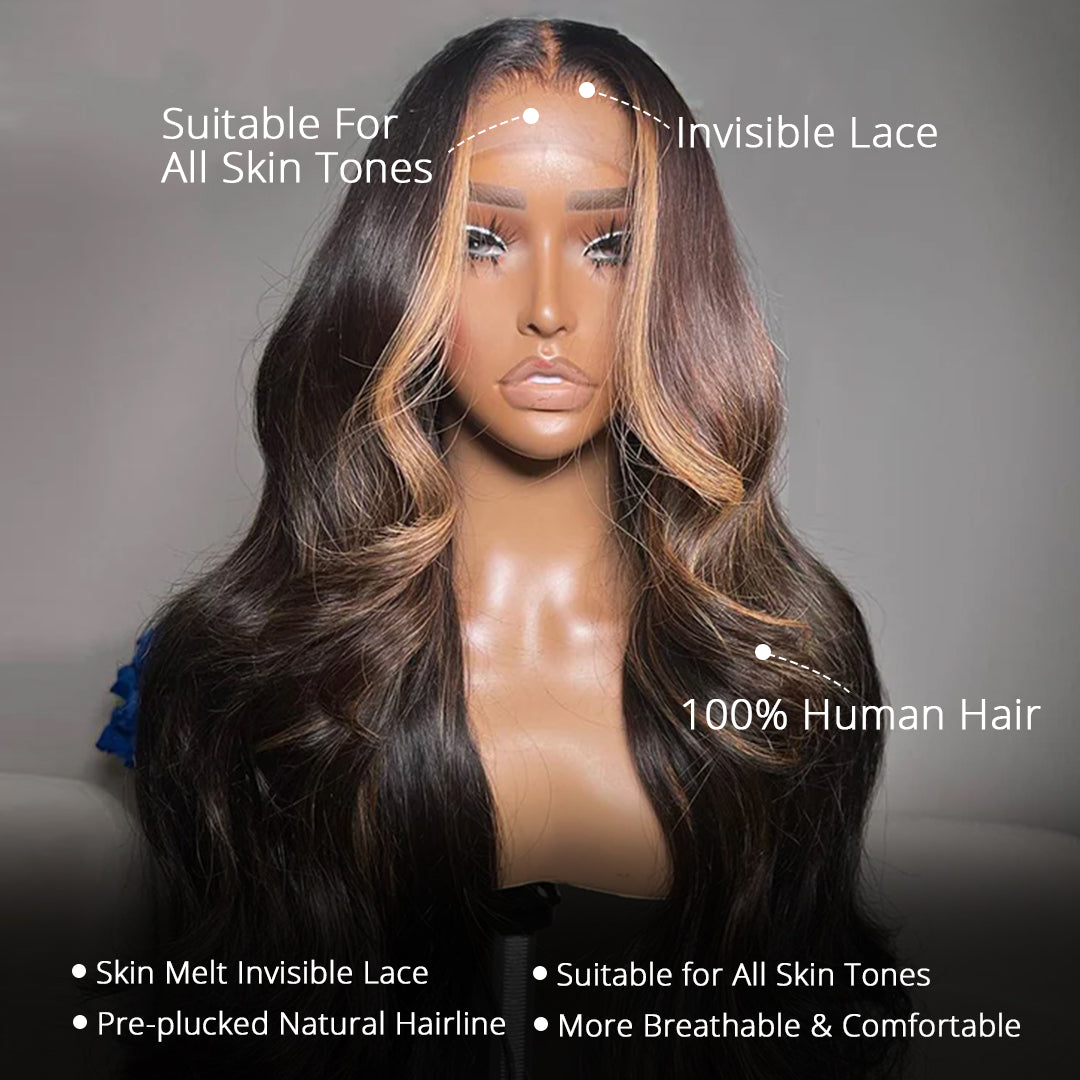Zlike  Money Piece Brown Body Wave Transparent Lace Front Wigs Glueless Human Hair Wigs with Drawstring Skunk Stripe Highlight for Women