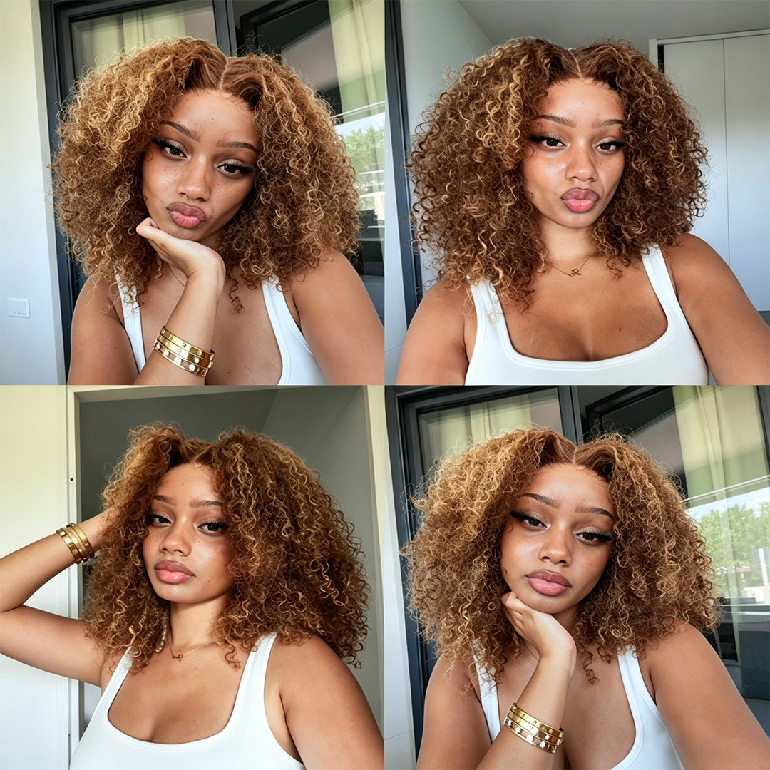 Zlike Honey Blonde Highlights #4/27 Colored Kinky Curly Pre-cut Transparent Lace 100% Virgin Human Hair Wigs