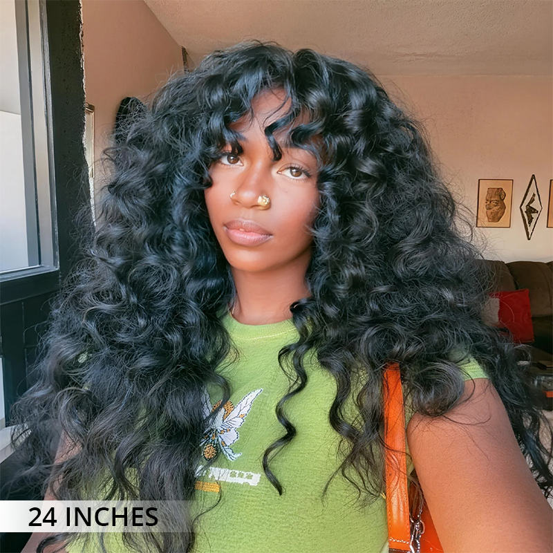 300 density loose curl human hair wig with transparent lace front, glueless install design, soft layered curls with natural volume and movement