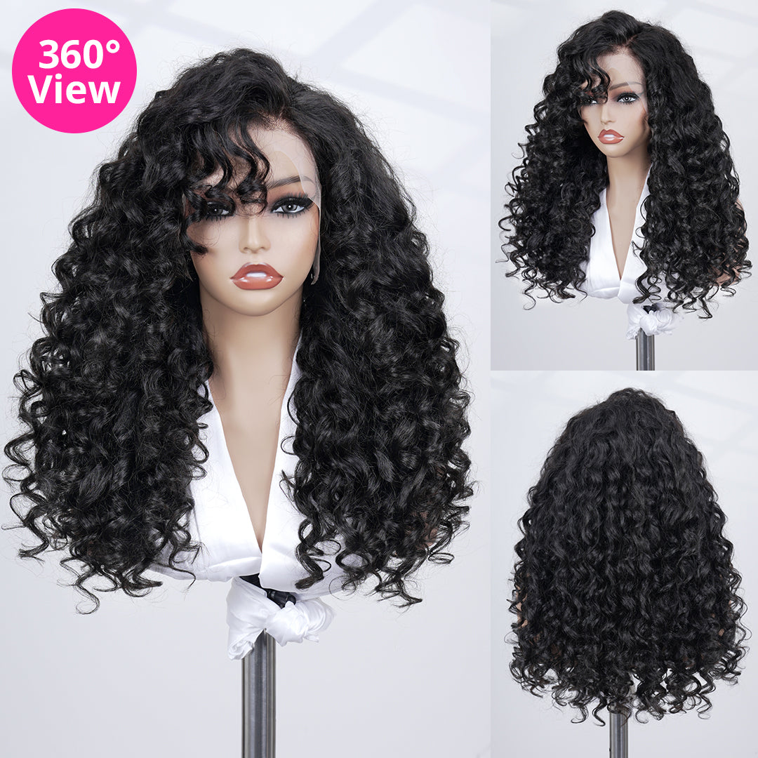 Close-up of soft bouncy loose curl texture on 300 density human hair wig with transparent lace front and natural salon finish