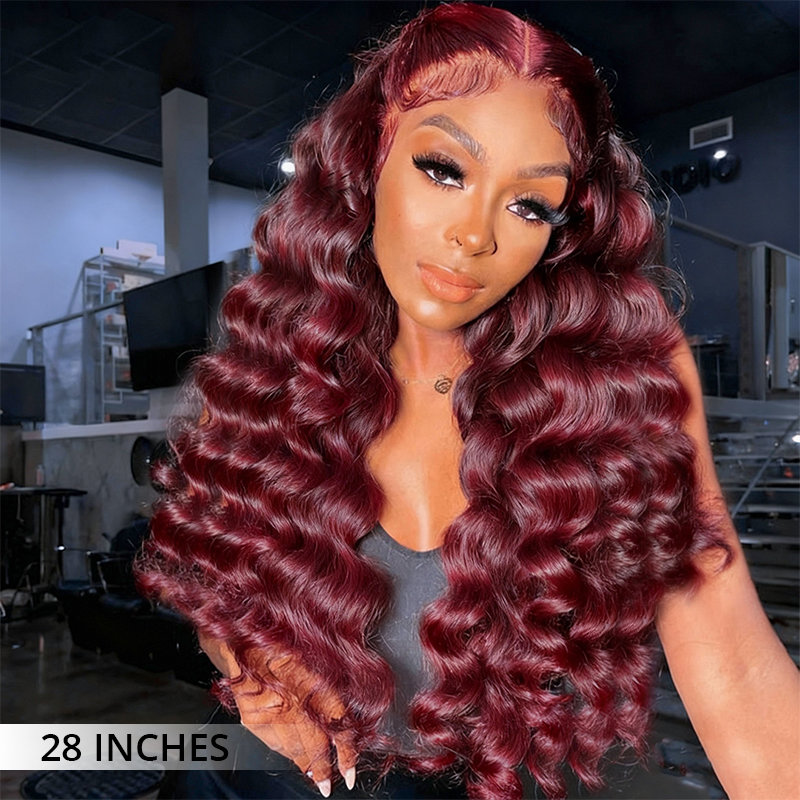 Back view of 300 density Burgundy human hair wig with full body