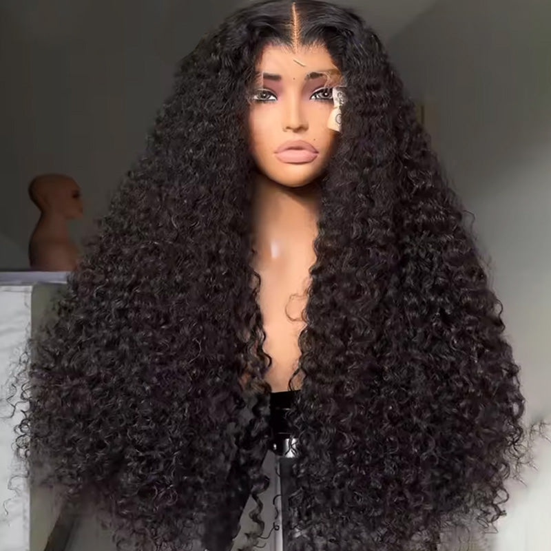 300% density luxury custom curly human hair lace front wig with transparent lace, super double drawn construction and naturally full defined curls