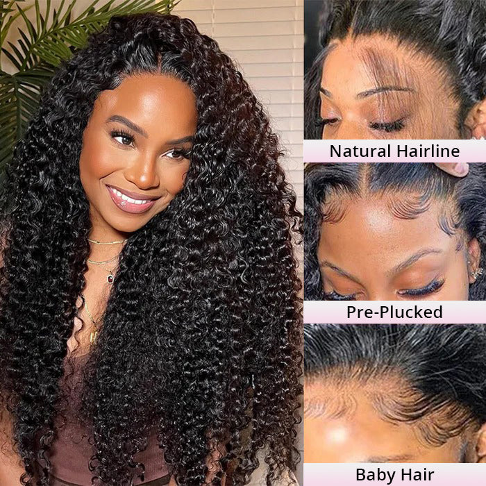 300% density curly virgin human hair wig with transparent lace front, super double drawn fullness and naturally defined curl pattern