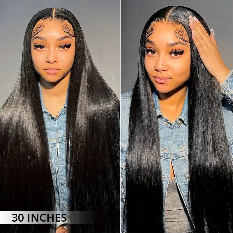 Luxury custom straight human hair wig with 300% density, transparent lace front, super double drawn construction and naturally full straight hair