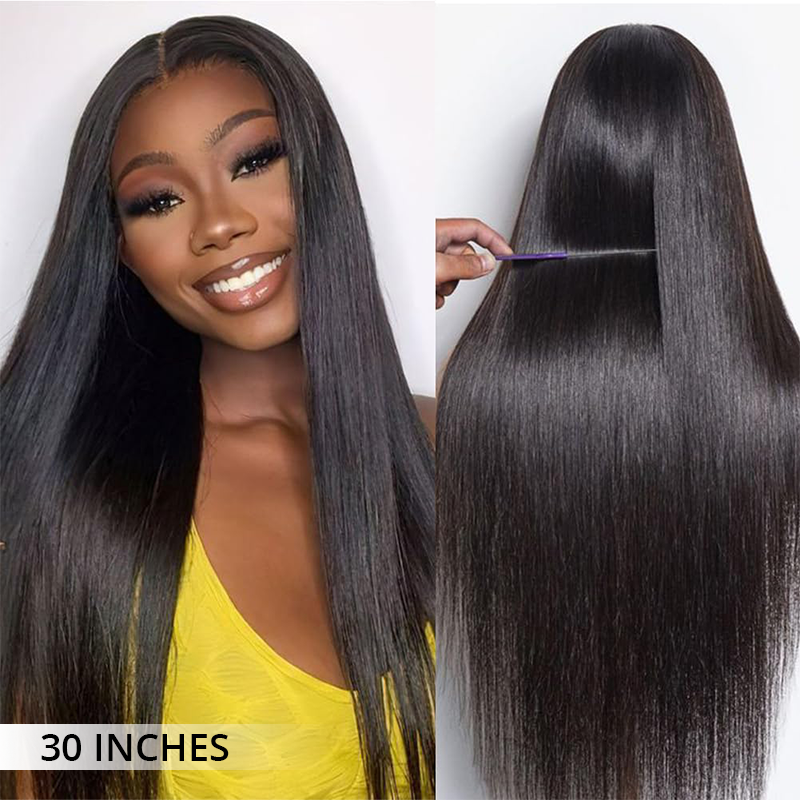 Straight human hair lace front wig with transparent lace, pre-plucked natural hairline, 300% density and super double drawn full ends