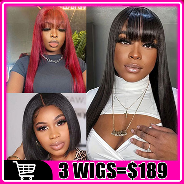 $189 = 3Wigs | Glueless Wear & Go 99J Straight Wig With Bangs + Glueless 1x2 Top Lace Closure Straight Wig With Bangs + Bob 13x4 Lace Front Straight Wig