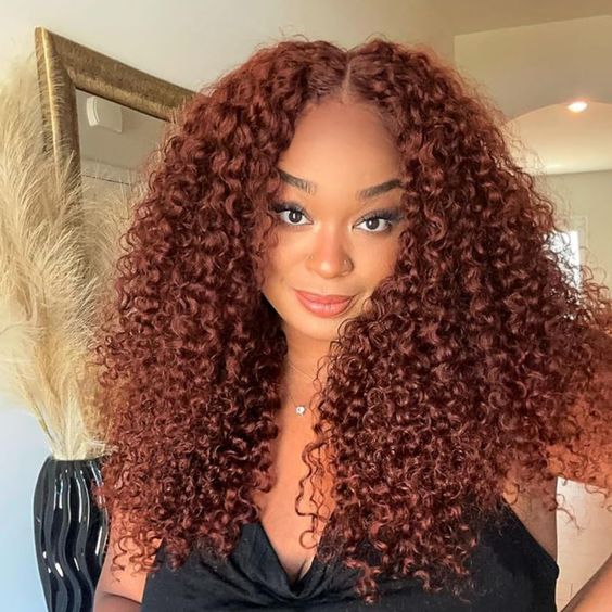 [BOGO] #33 Reddish Brown Kinky Curly Transparent Lace Human Hair Wigs With Baby Hair