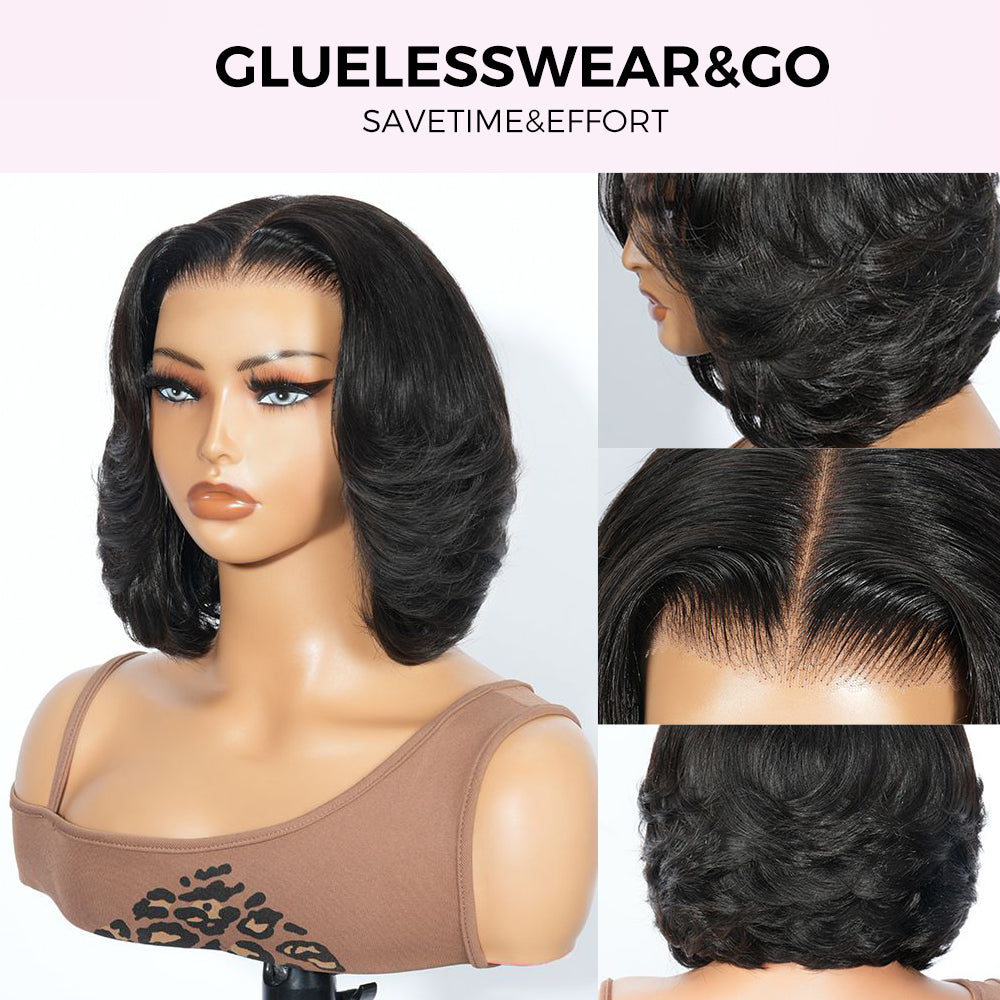 Zlike 7x5 Transparent Lace Layered Bob Wigs Glueless Wear Drawstring Human Hair Wigs Natural Look 300% Density