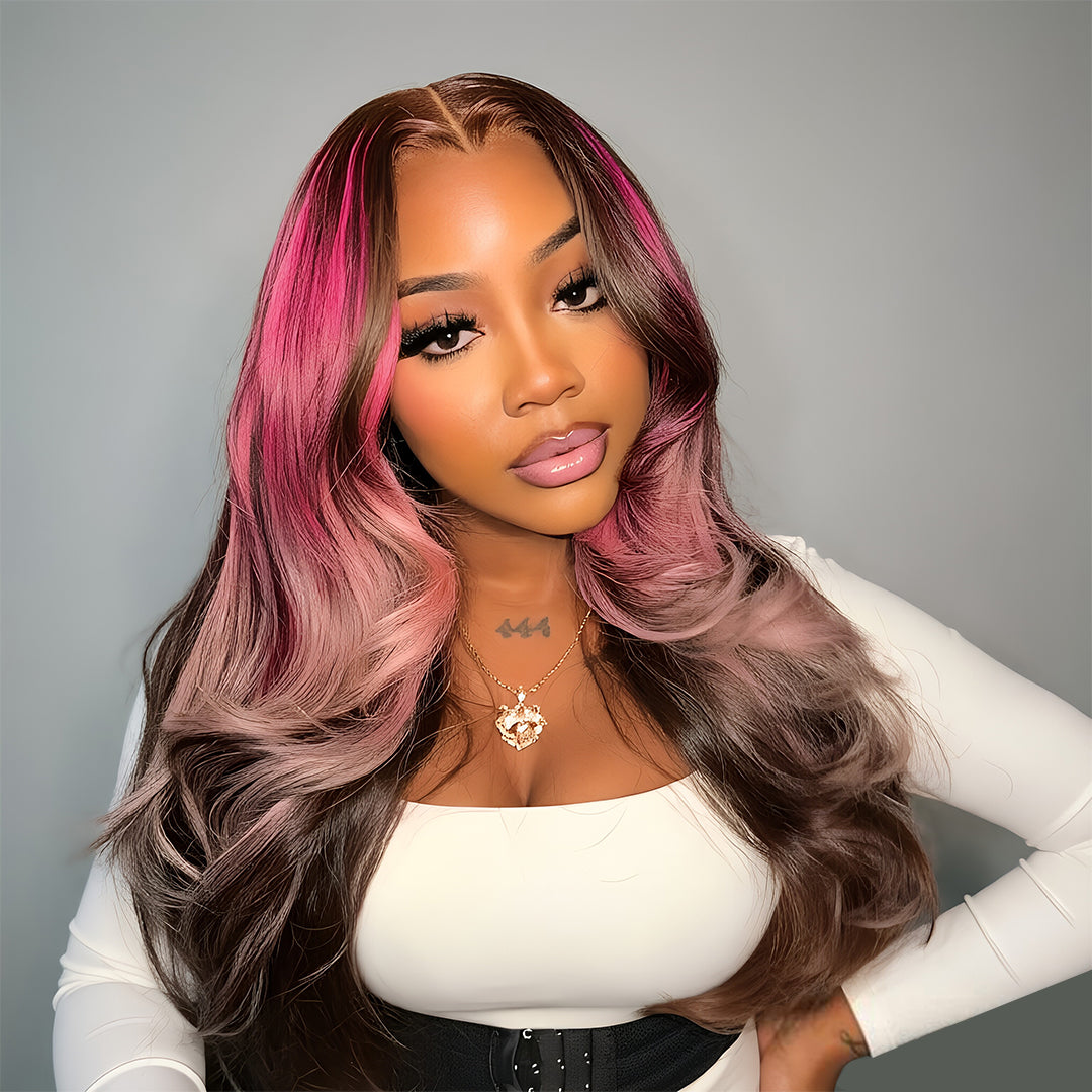 Zlike Pink Money Piece Smoky Ombre Body Wave Human Hair Glueless Wigs Pre-Cut 13x4 Transparent Lace Drawstring