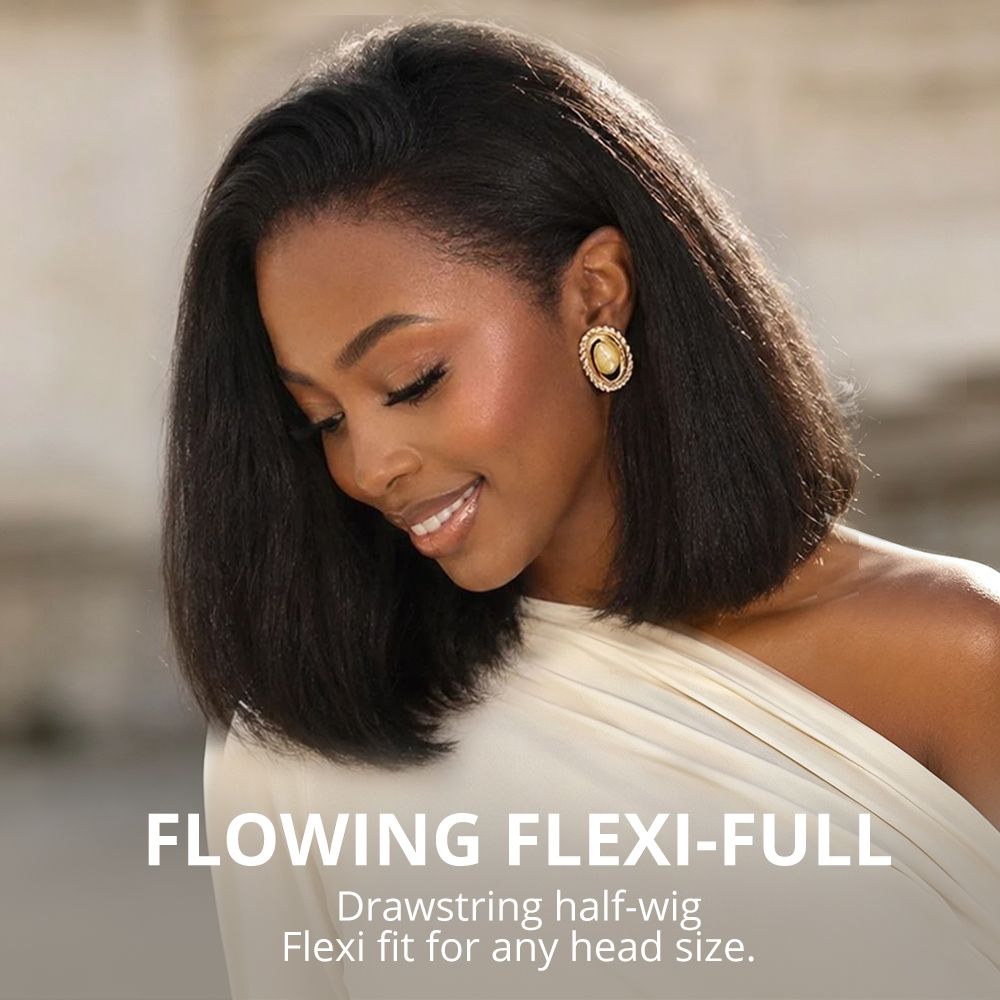 Zlike 3-In-1 Half Wig 180% Density Kinky Straight Bob Glueless Flexi-Fit Drawstring Wigs