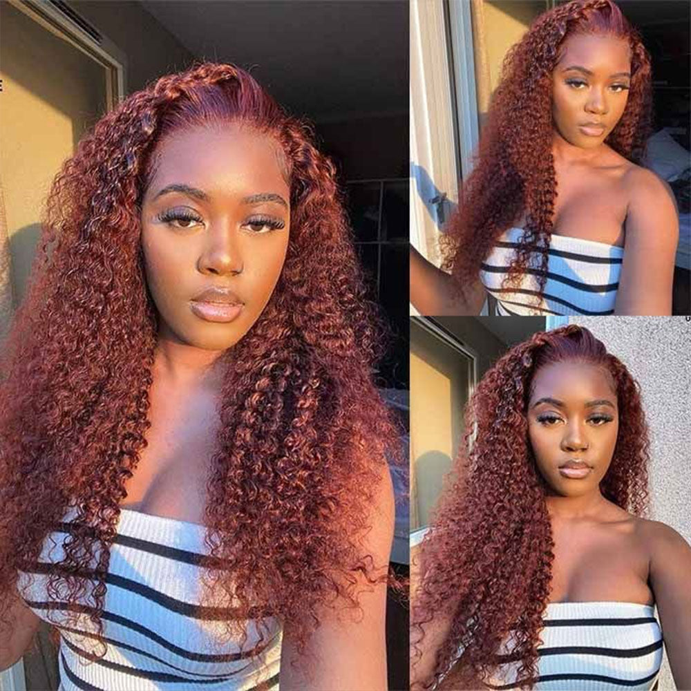 #33 Reddish Brown Curly Human Hair Wigs 4x4 5x5 Lace Closure Wigs For Women