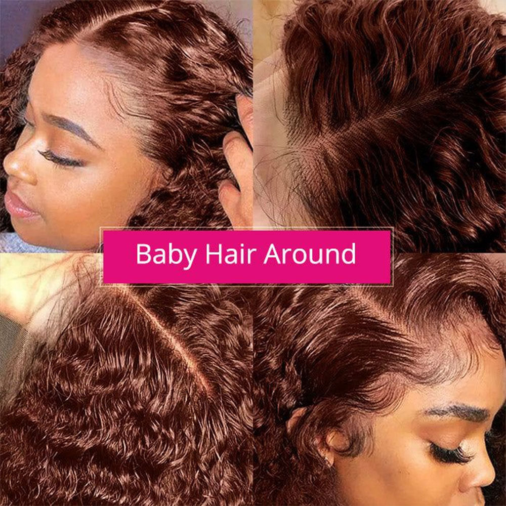 Kinky Curly #33 Reddish Brown Transparent Lace Closure Wigs With Baby Hair For Women