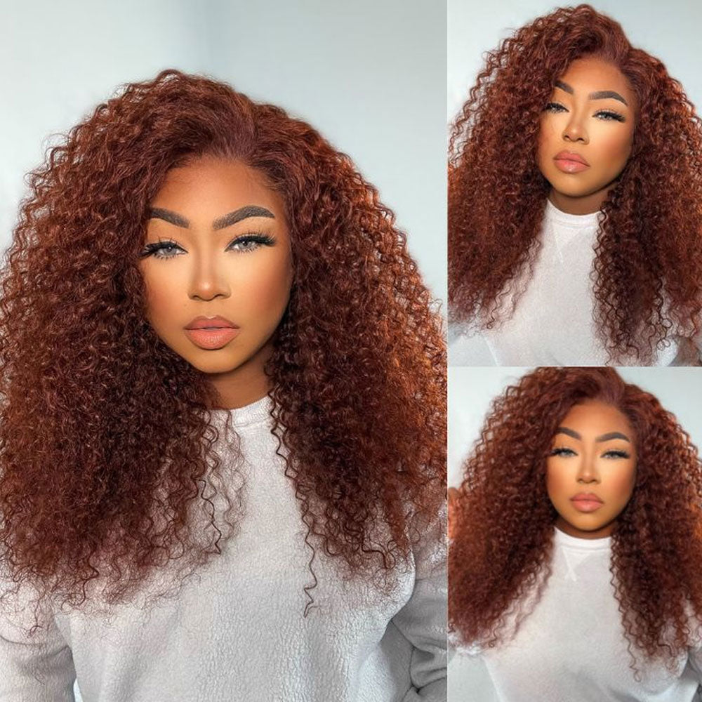 Kinky Curly #33 Reddish Brown Transparent Lace Closure Wigs With Baby Hair For Women