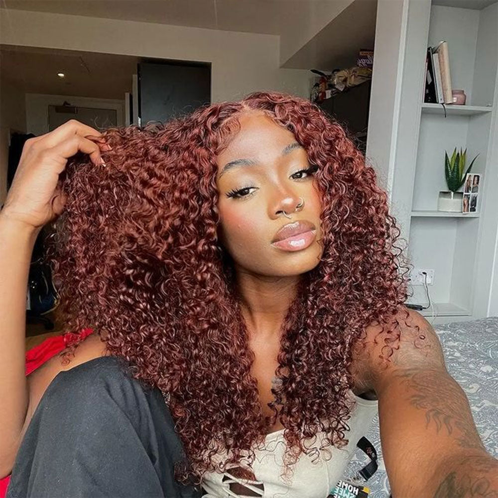 #33 Reddish Brown Curly Human Hair Wigs 4x4 5x5 Lace Closure Wigs For Women