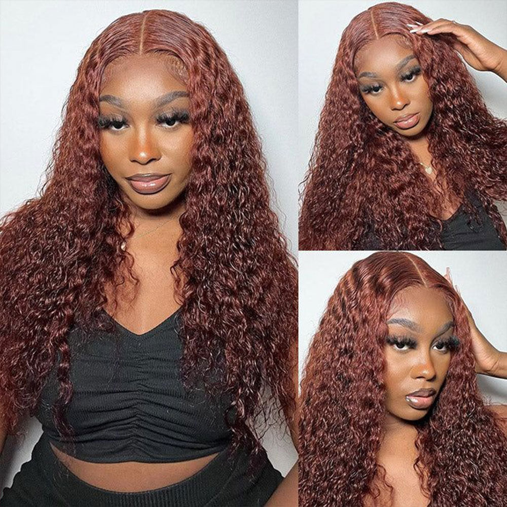 Kinky Curly #33 Reddish Brown Transparent Lace Closure Wigs With Baby Hair For Women