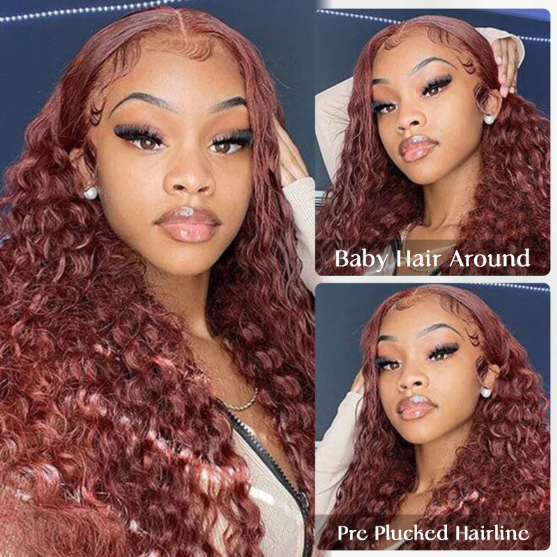 Clearance Sale | #33 Reddish Brown Deep Wave Wigs Virgin Human Hair Transparent Lace Front Wigs For Women