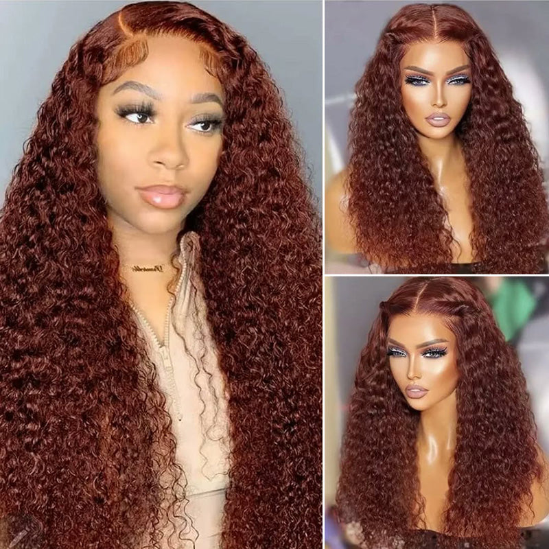 Clearance Sale | #33 Reddish Brown Deep Wave Wigs Virgin Human Hair Transparent Lace Front Wigs For Women