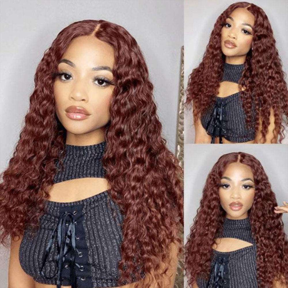 #33 Reddish Brown Deep Wave Curly Glueless Lace Closure Human Hair Wigs For Women