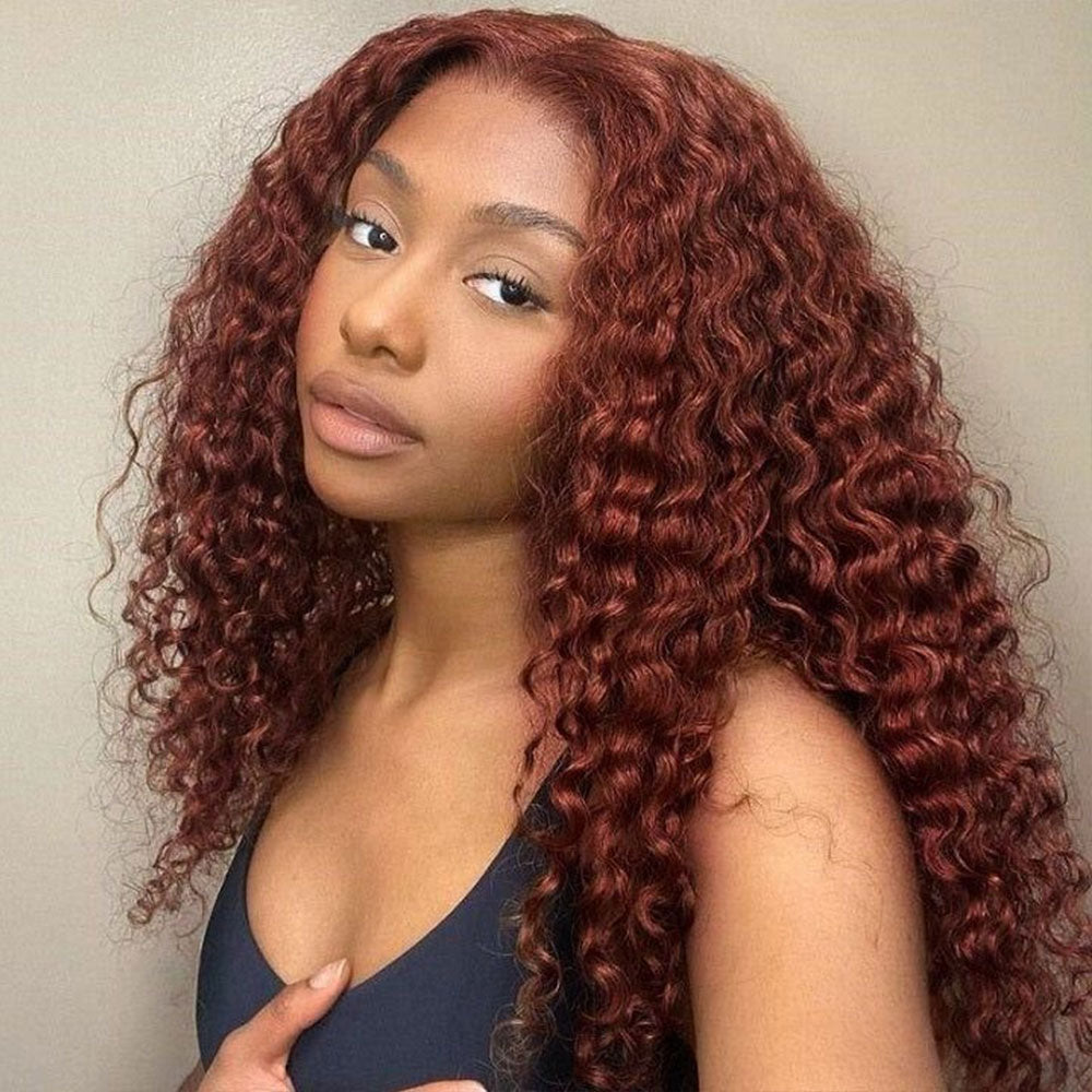 #33 Reddish Brown Deep Wave Curly Glueless Lace Closure Human Hair Wigs For Women