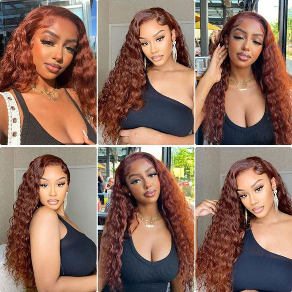 #33 Reddish Brown Deep Wave Curly Glueless Lace Closure Human Hair Wigs For Women