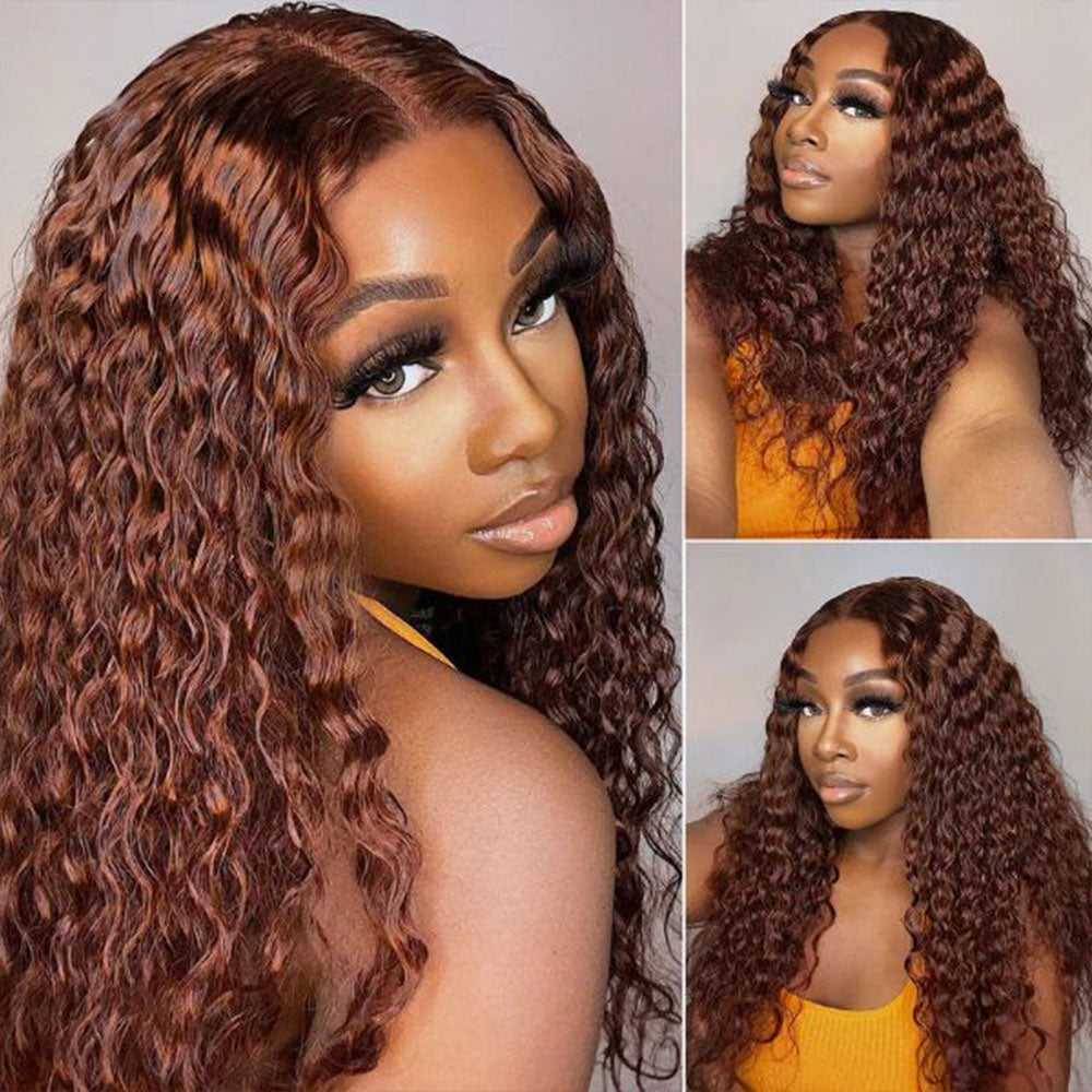 #33 Reddish Brown Deep Wave Curly Glueless Lace Closure Human Hair Wigs For Women