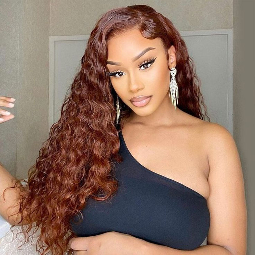 #33 Reddish Brown Deep Wave Curly Glueless Lace Closure Human Hair Wigs For Women