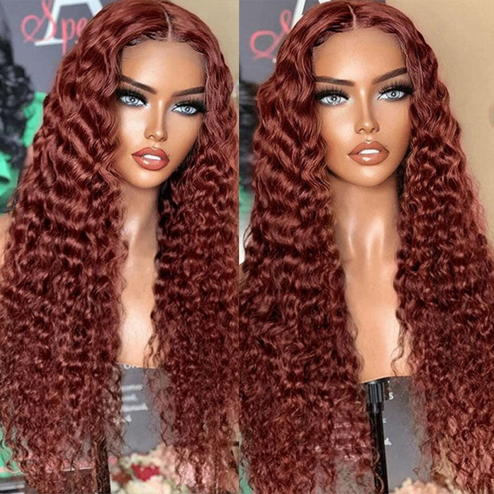 #33 Reddish Brown Deep Wave Curly Glueless Lace Closure Human Hair Wigs For Women