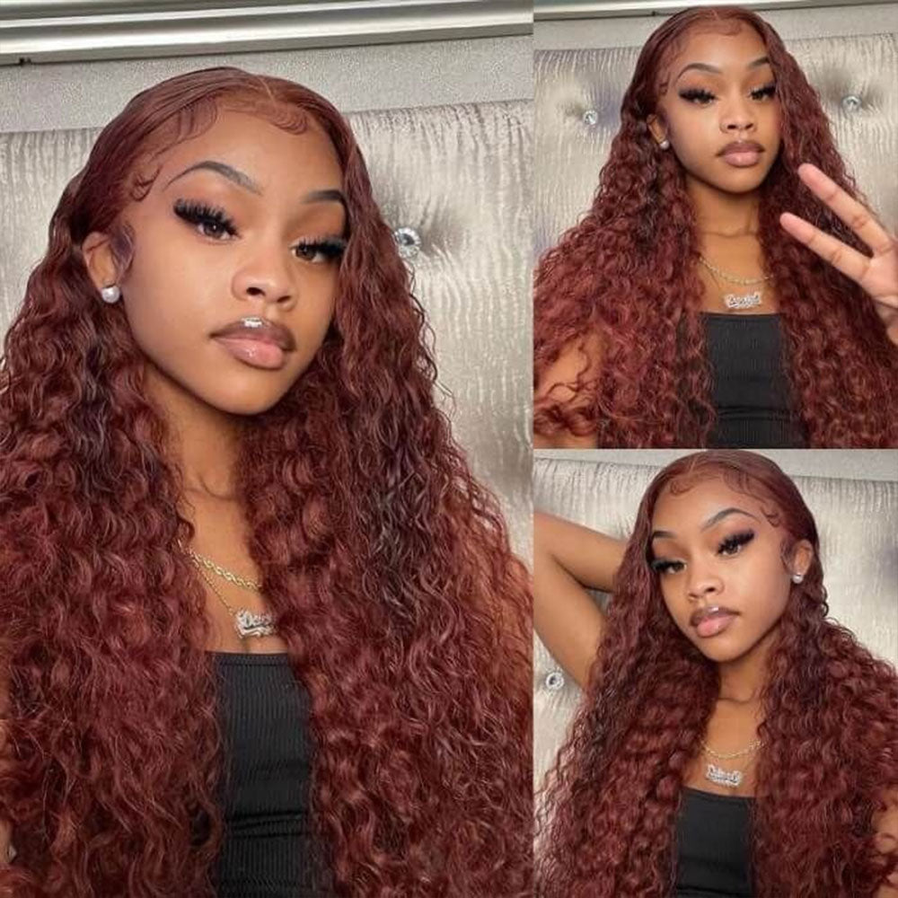 #33 Reddish Brown Deep Wave Curly Glueless Lace Closure Human Hair Wigs For Women