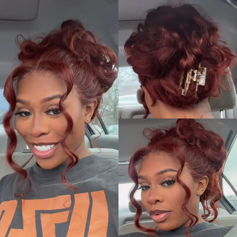 #33 Reddish Brown Glueless Invisi-Band Human Hair Wigs Body Wave Pre Cut 360 Lace Frontal Wig