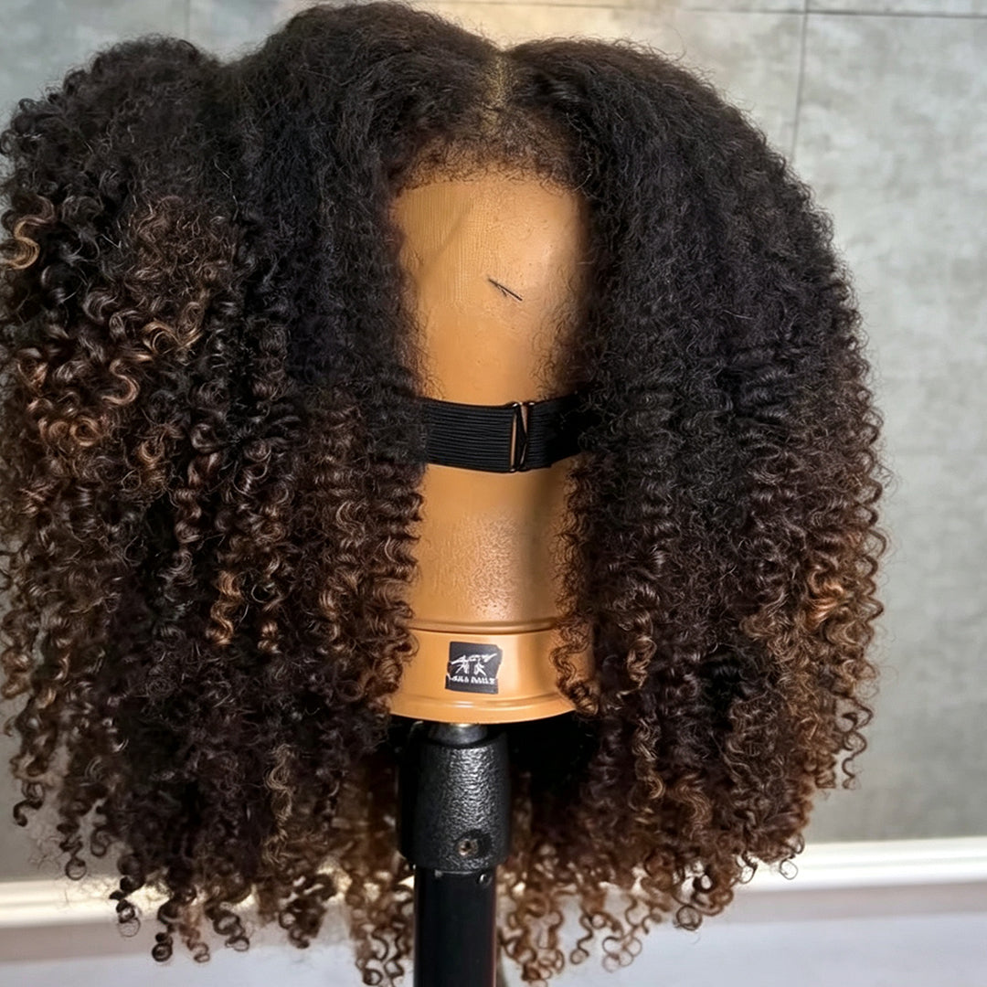 Zlike Ombre Black Brown Fluffy Afro Curly Coils Short Bob 4x4 Lace Frontal Human Hair Wigs
