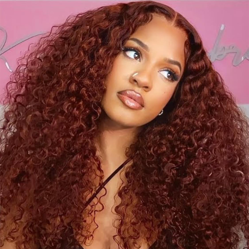 #33 Reddish Brown Kinky Curly Lace Closure Wig High Density Human Hair Wigs With Baby Hair