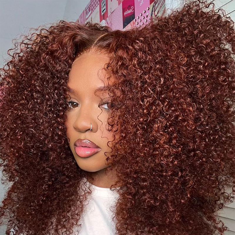 #33 Reddish Brown Kinky Curly Lace Closure Wig High Density Human Hair Wigs With Baby Hair