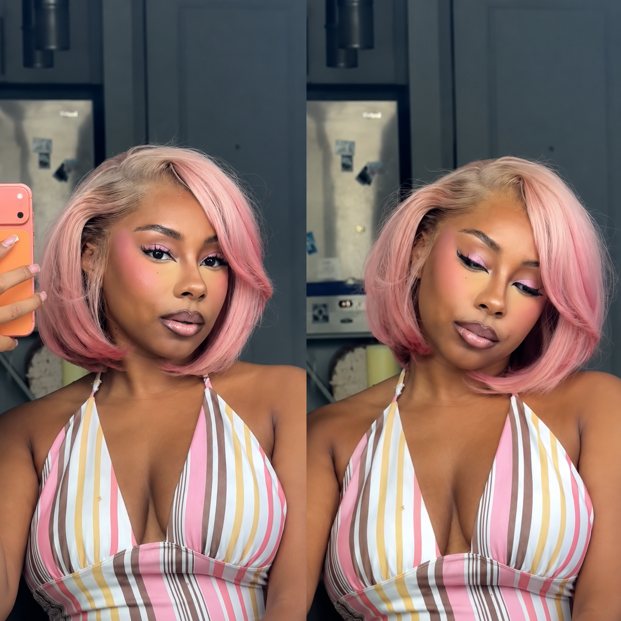 Zlike Pink Gradient Straight Bob Human Hair Wig 180% Density Center Part Glueless Wig with Drawstring 7x5 13x4 Lace
