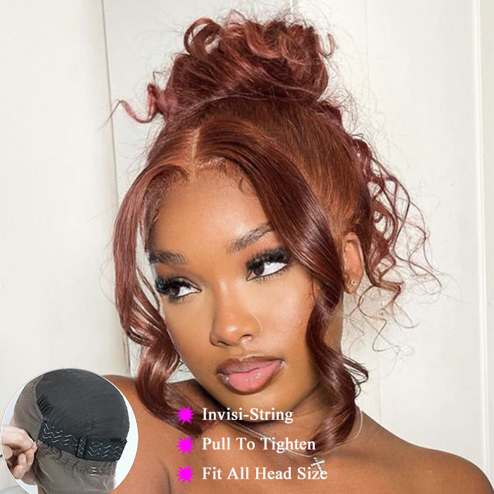 #33 Reddish Brown Glueless Invisi-Band Human Hair Wigs Body Wave Pre Cut 360 Lace Frontal Wig