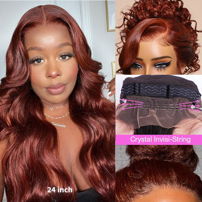 #33 Reddish Brown Glueless Invisi-Band Human Hair Wigs Body Wave Pre Cut 360 Lace Frontal Wig