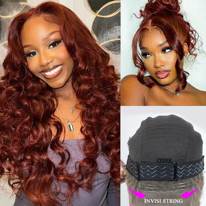 #33 Reddish Brown Glueless Invisi-Band Human Hair Wigs Body Wave Pre Cut 360 Lace Frontal Wig