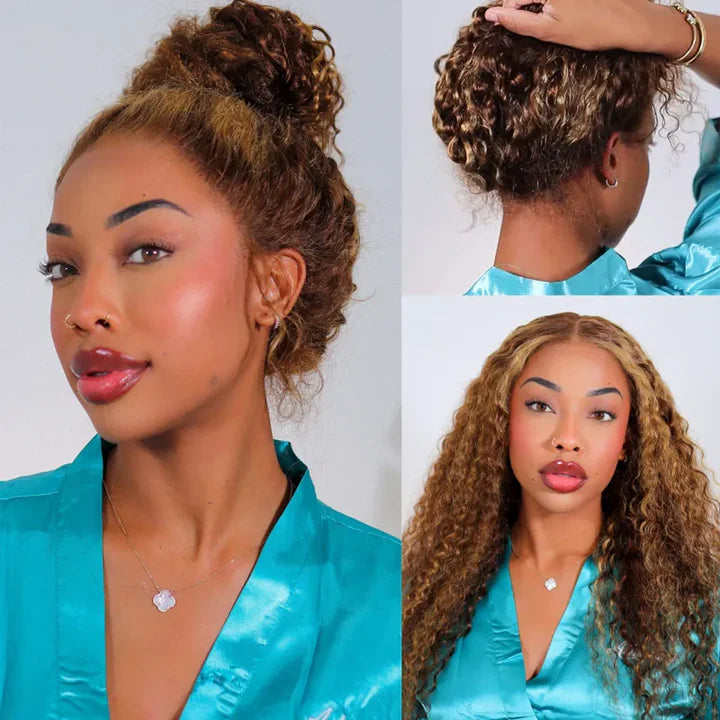 Flash Sale | Glueless 360 Invisi-Band Water Wave Lace Frontal Wigs Highlight Honey Blonde Human Hair Wigs