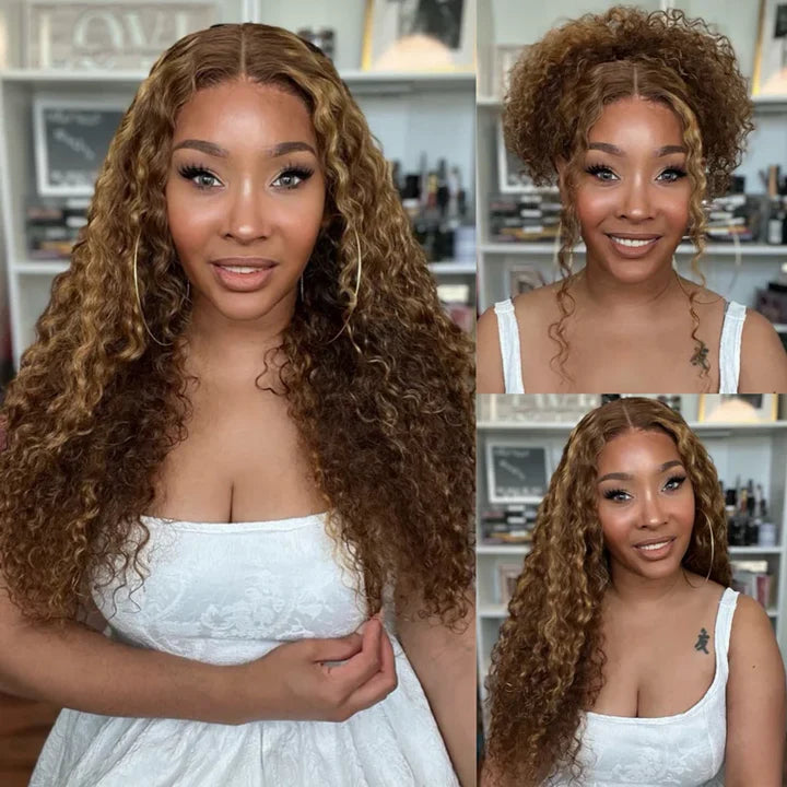 Flash Sale | Glueless 360 Invisi-Band Water Wave Lace Frontal Wigs Highlight Honey Blonde Human Hair Wigs