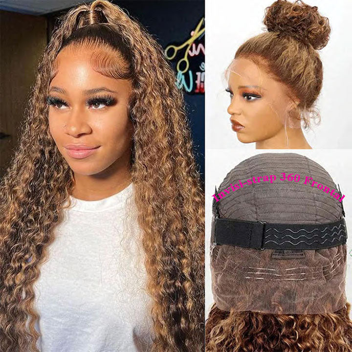 Flash Sale | Glueless 360 Invisi-Band Water Wave Lace Frontal Wigs Highlight Honey Blonde Human Hair Wigs