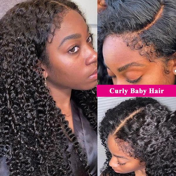 4C Curly Edges Invisi-Band 360 Kinky Curly Lace Front Wig Pre Bleached Human Hair Wigs With Curly Baby Hair