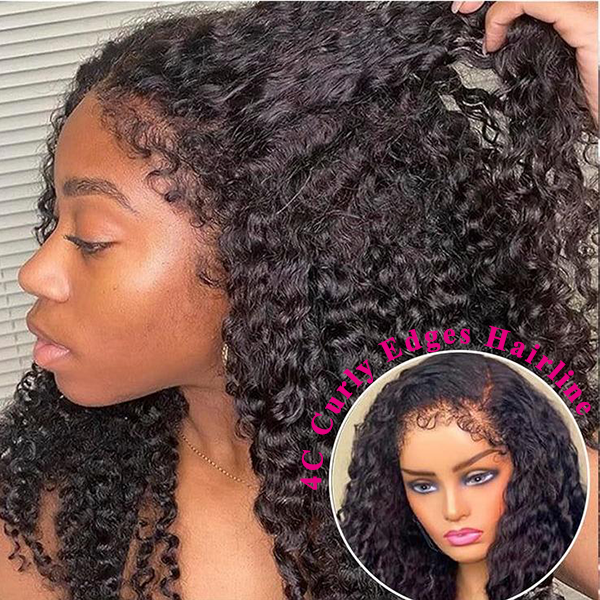 4C Curly Edges Invisi-Band 360 Kinky Curly Lace Front Wig Pre Bleached Human Hair Wigs With Curly Baby Hair