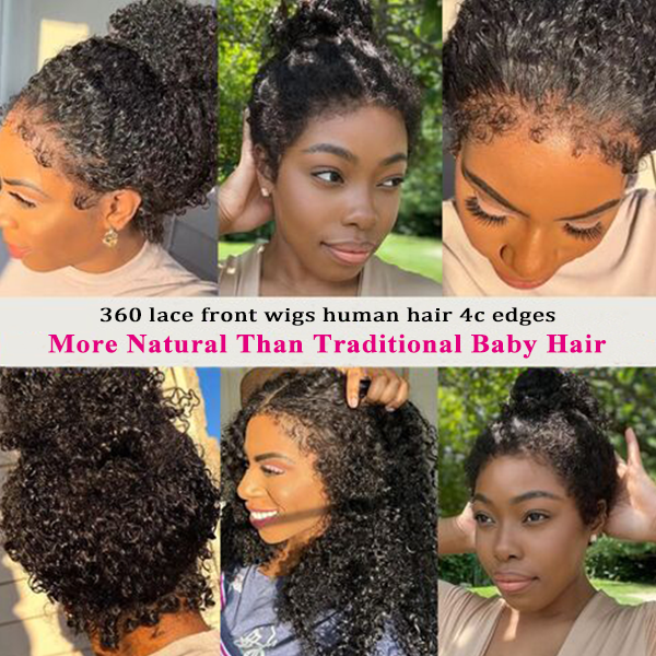 4C Curly Edges Invisi-Band 360 Kinky Curly Lace Front Wig Pre Bleached Human Hair Wigs With Curly Baby Hair