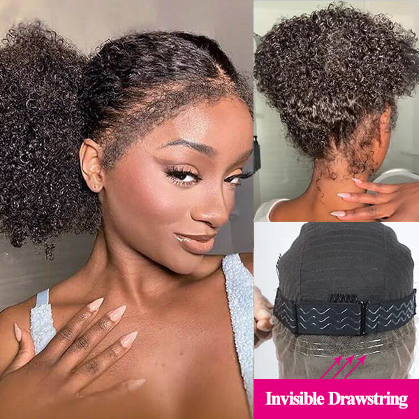 4C Curly Edges Invisi-Band 360 Kinky Curly Lace Front Wig Pre Bleached Human Hair Wigs With Curly Baby Hair