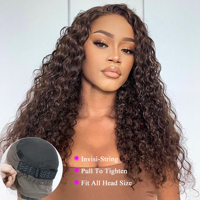 #4 Chocolate Brown Invisi-Band 360 Lace Frontal Wig Water Wave Pre Plucked Human Hair Wigs