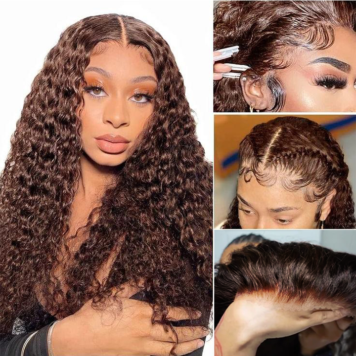 #4 Chocolate Brown Invisi-Band 360 Lace Frontal Wig Water Wave Pre Plucked Human Hair Wigs