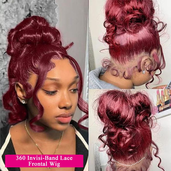 Glueless Pre Cut Invisi-Band 360 Lace Frontal Wig 99J Burgundy Body Wave Human Hair Wigs