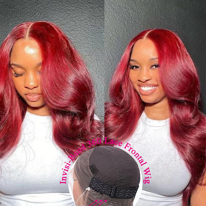 Glueless Pre Cut Invisi-Band 360 Lace Frontal Wig 99J Burgundy Body Wave Human Hair Wigs